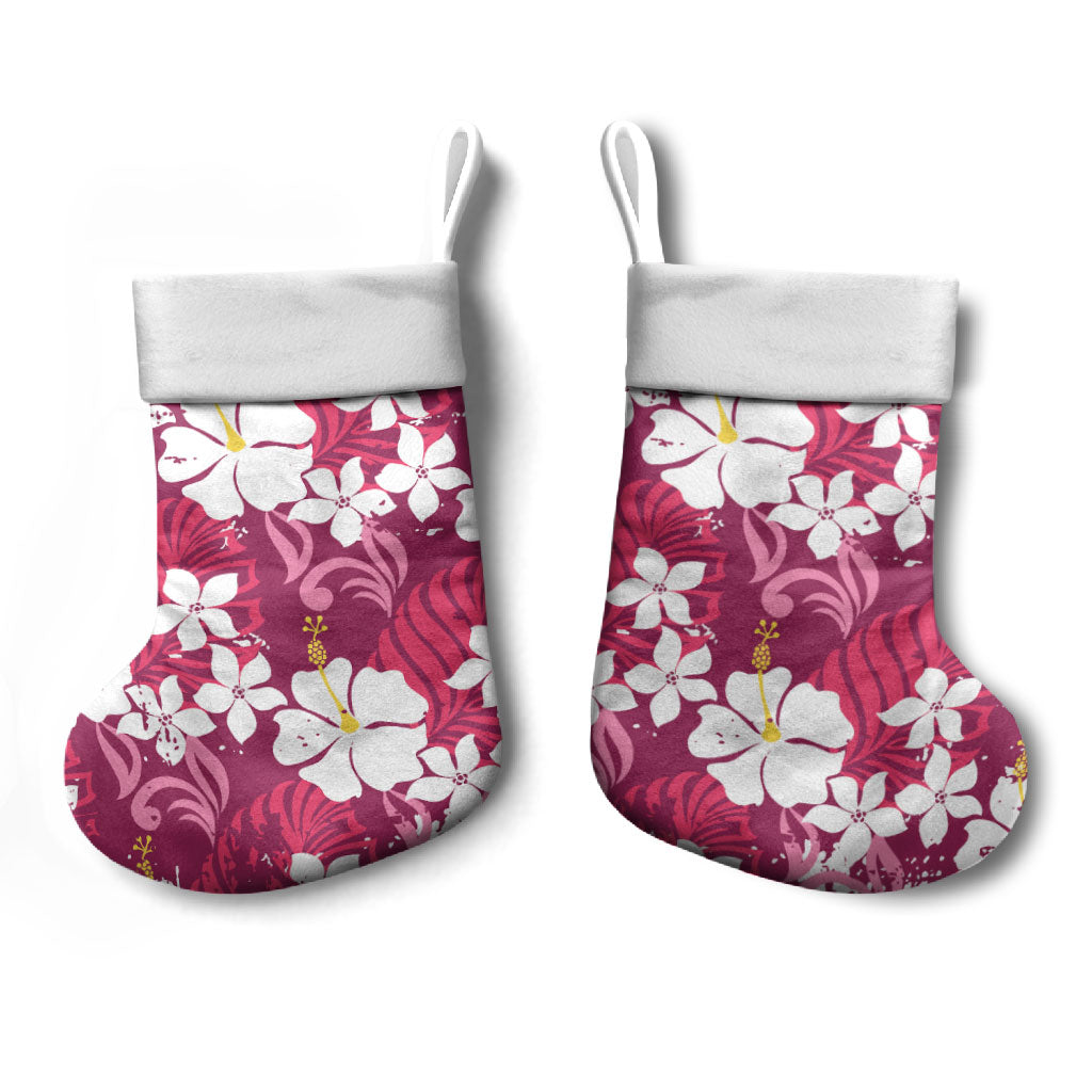 Pink Hawaiian Hibiscus Monstera Christmas Stocking Grunge Stylized