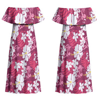 Pink Hawaiian Hibiscus Monstera Couples Matching Off Shoulder Maxi Dress and Long Sleeve Button Shirt Grunge Stylized LT01 - Polynesian Pride