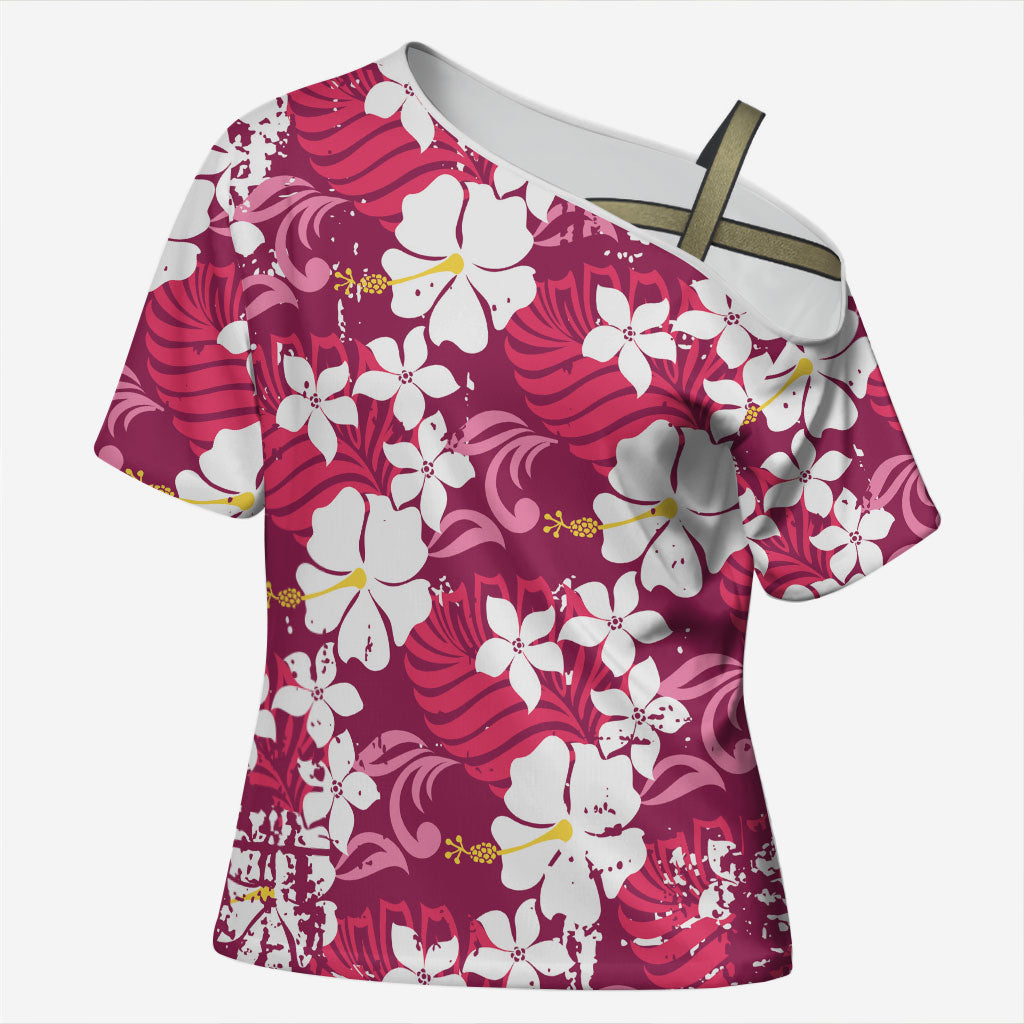 Pink Hawaiian Hibiscus Monstera Cross Shoulder Shirt Grunge Stylized LT01 Female Pink - Polynesian Pride