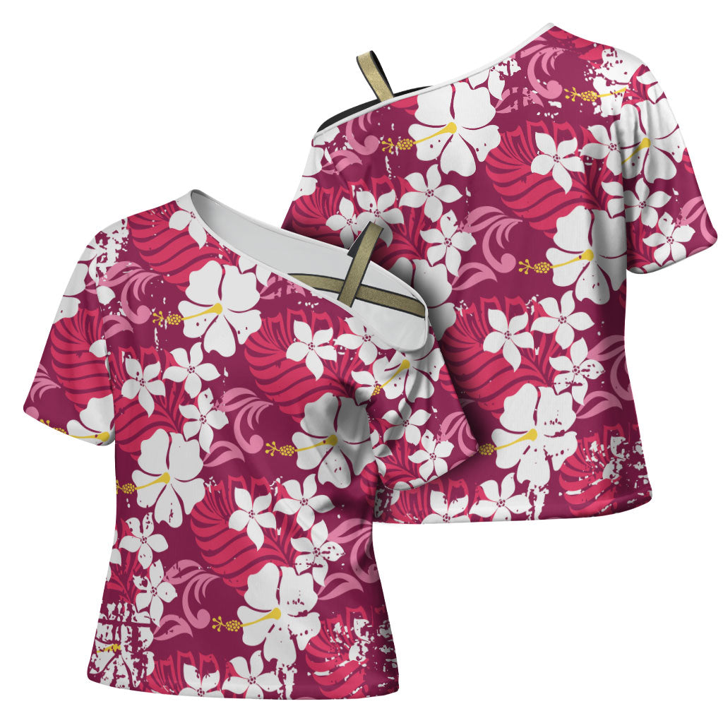 Pink Hawaiian Hibiscus Monstera Cross Shoulder Shirt Grunge Stylized LT01 - Polynesian Pride
