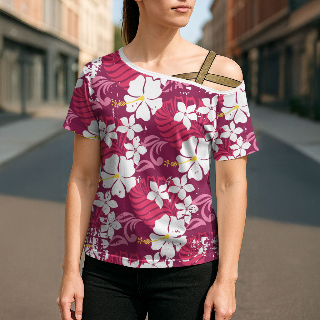Pink Hawaiian Hibiscus Monstera Cross Shoulder Shirt Grunge Stylized LT01 - Polynesian Pride