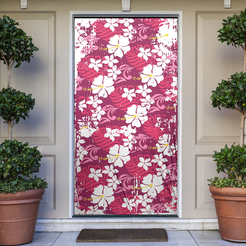 Pink Hawaiian Hibiscus Monstera Door Cover Grunge Stylized