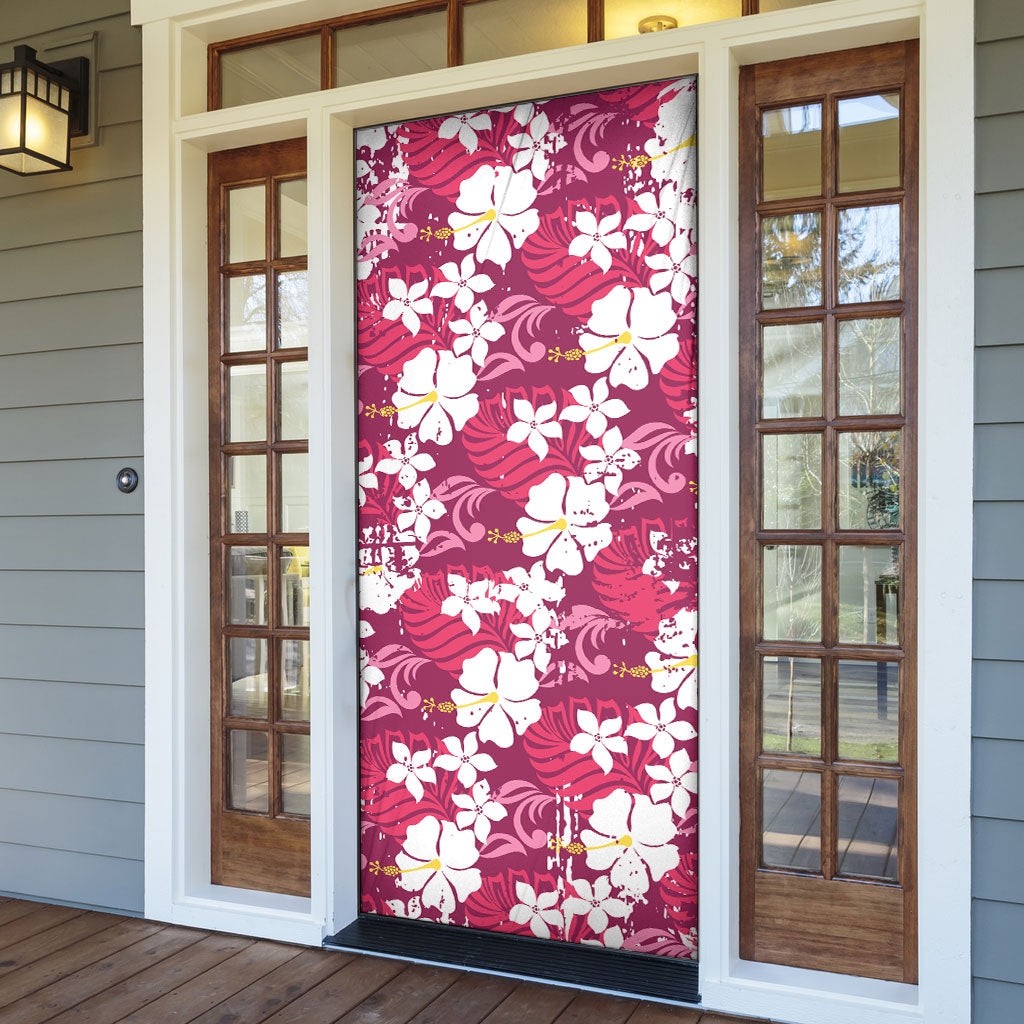 Pink Hawaiian Hibiscus Monstera Door Cover Grunge Stylized