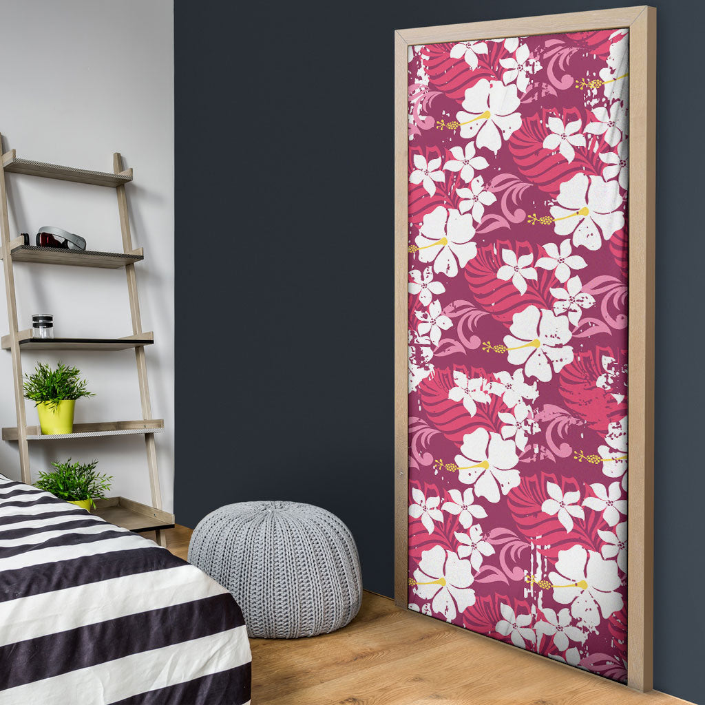 Pink Hawaiian Hibiscus Monstera Door Cover Grunge Stylized