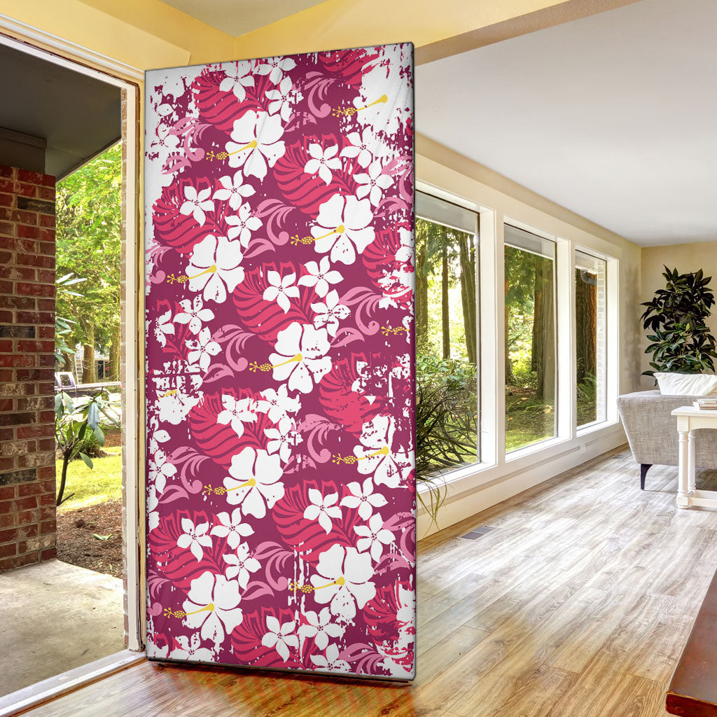 Pink Hawaiian Hibiscus Monstera Door Cover Grunge Stylized