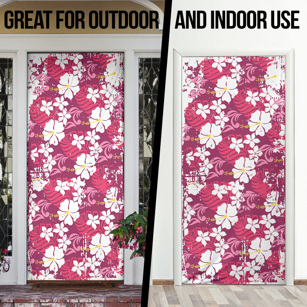 Pink Hawaiian Hibiscus Monstera Door Cover Grunge Stylized