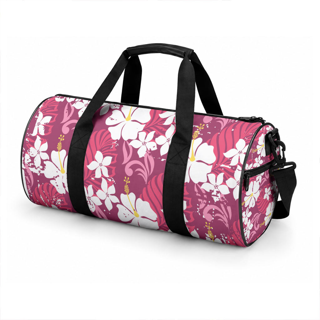 Pink Hawaiian Hibiscus Monstera Duffle Bag Grunge Stylized