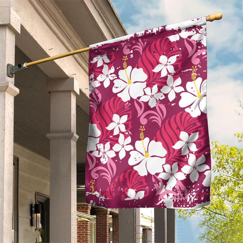 Pink Hawaiian Hibiscus Monstera Garden Flag Grunge Stylized LT01 House Flag Pink - Polynesian Pride