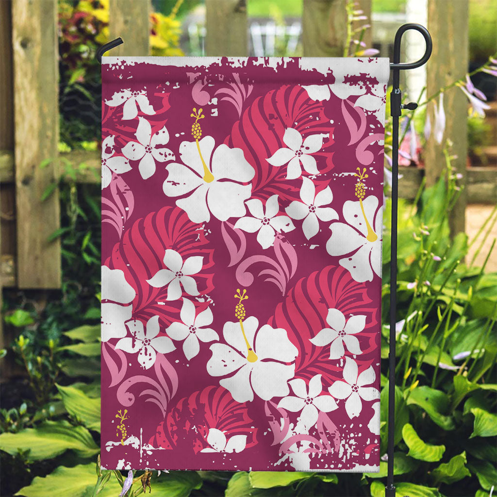 Pink Hawaiian Hibiscus Monstera Garden Flag Grunge Stylized LT01 Garden Flag Pink - Polynesian Pride