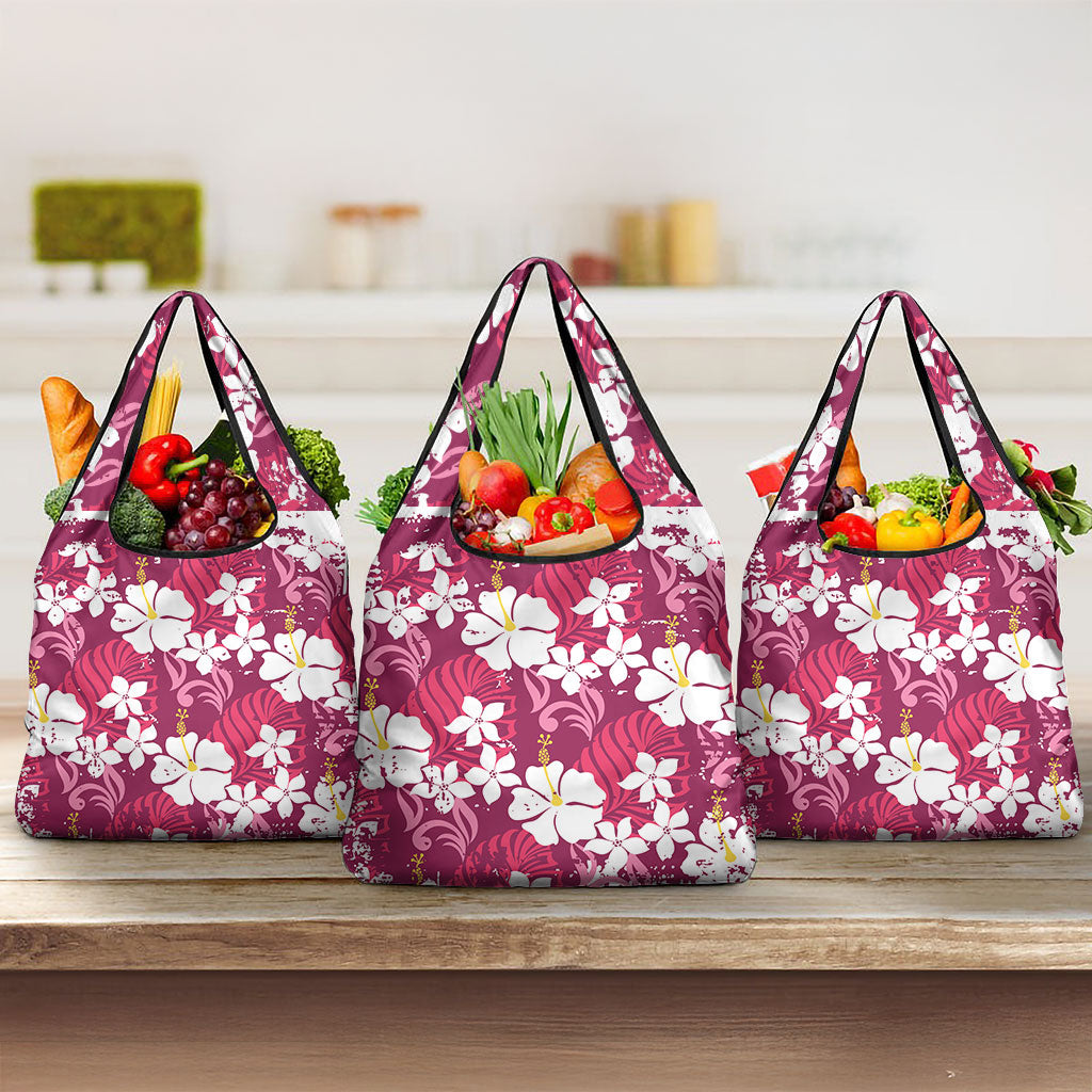 Pink Hawaiian Hibiscus Monstera Grocery Bag Grunge Stylized LT01 3-pack One Size Pink - Polynesian Pride