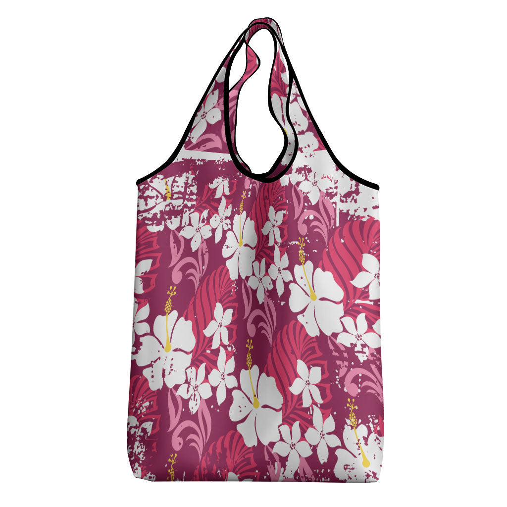 Pink Hawaiian Hibiscus Monstera Grocery Bag Grunge Stylized LT01 - Polynesian Pride