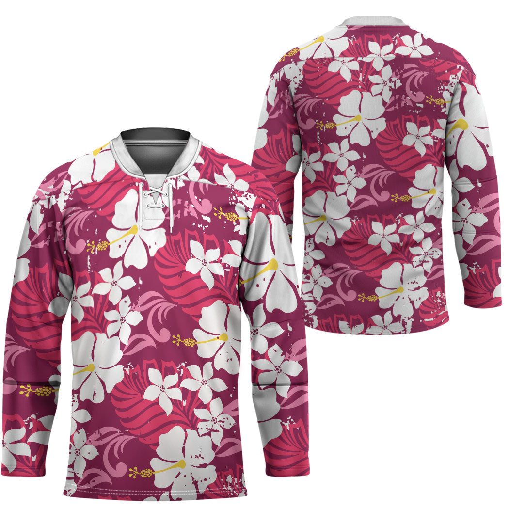 Pink Hawaiian Hibiscus Monstera Hockey Jersey Grunge Stylized