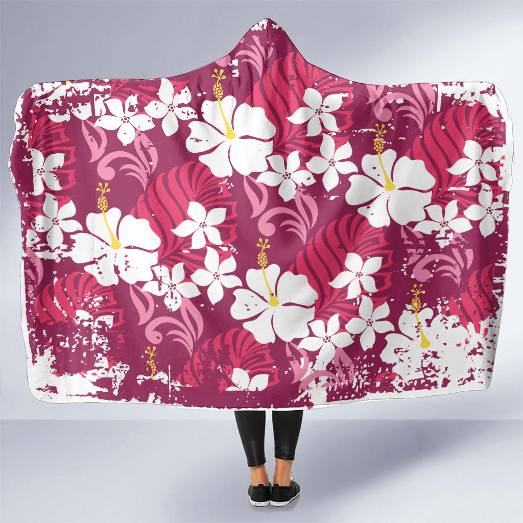 Pink Hawaiian Hibiscus Monstera Hooded Blanket Grunge Stylized LT01 One Size Pink - Polynesian Pride