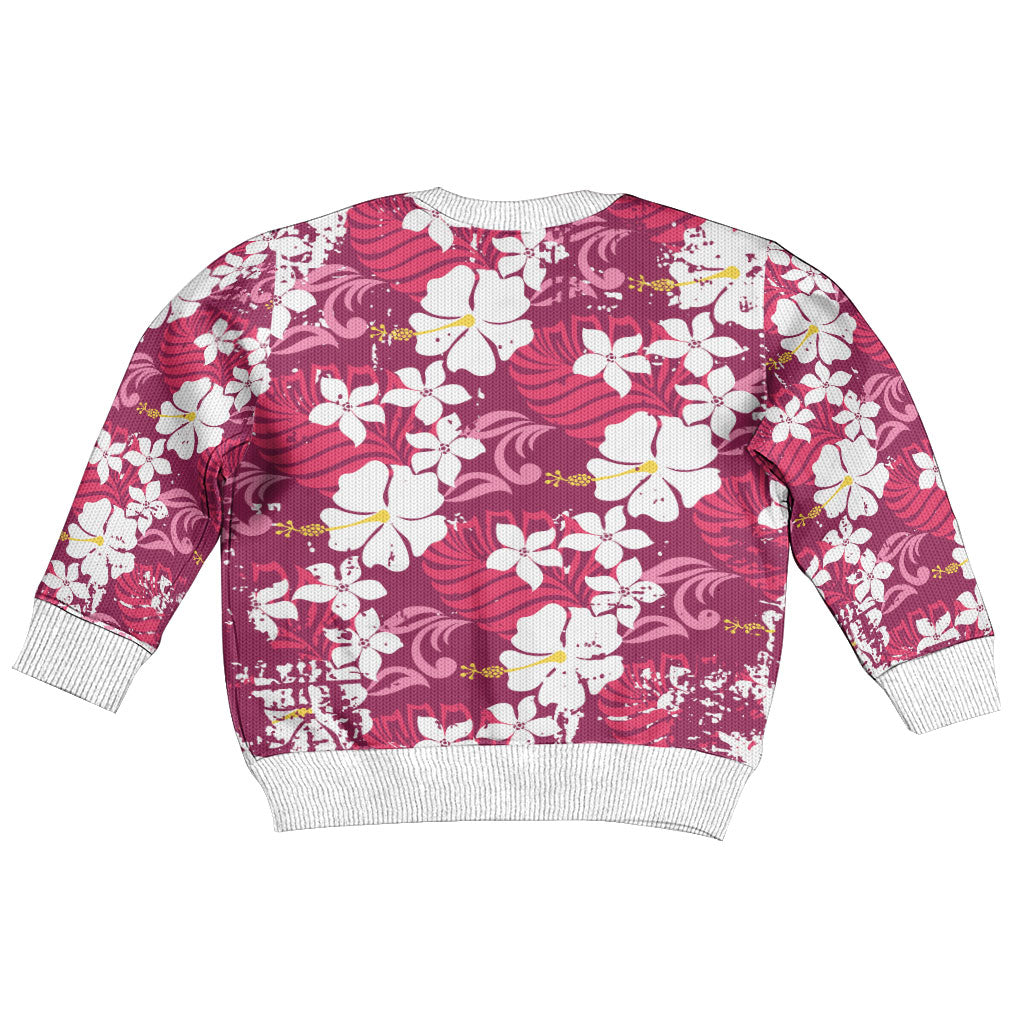 Pink Hawaiian Hibiscus Monstera Kid Ugly Christmas Sweater Grunge Stylized