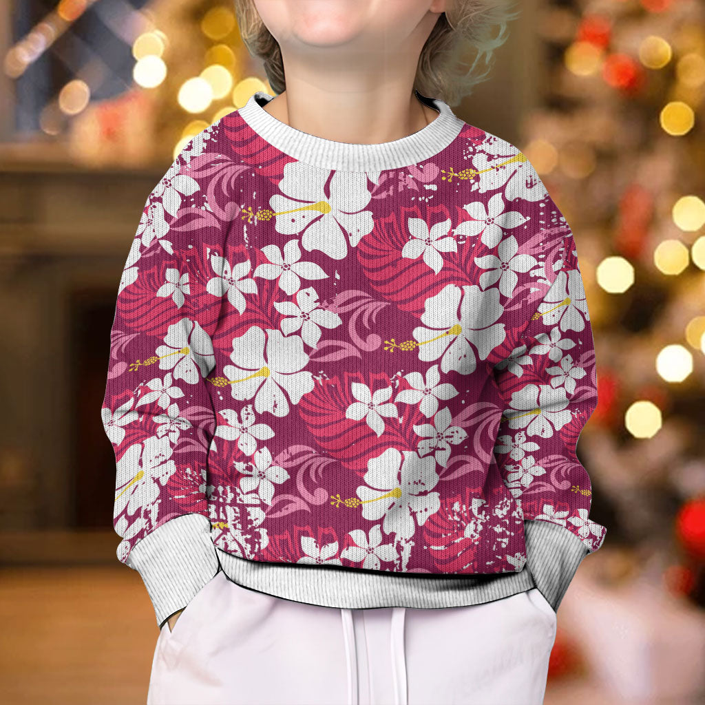 Pink Hawaiian Hibiscus Monstera Kid Ugly Christmas Sweater Grunge Stylized