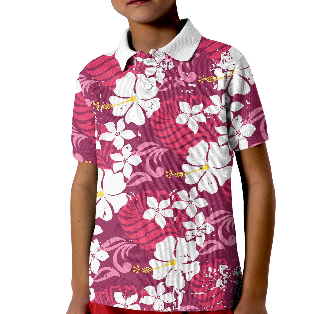 Pink Hawaiian Hibiscus Monstera Kid Polo Shirt Grunge Stylized LT01 Kid Pink - Polynesian Pride