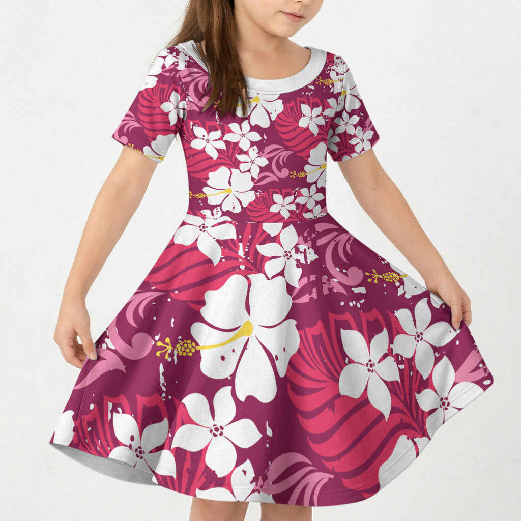 Pink Hawaiian Hibiscus Monstera Kid Short Sleeve Dress Grunge Stylized LT01 KID Pink - Polynesian Pride