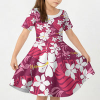 Pink Hawaiian Hibiscus Monstera Kid Short Sleeve Dress Grunge Stylized LT01 KID Pink - Polynesian Pride