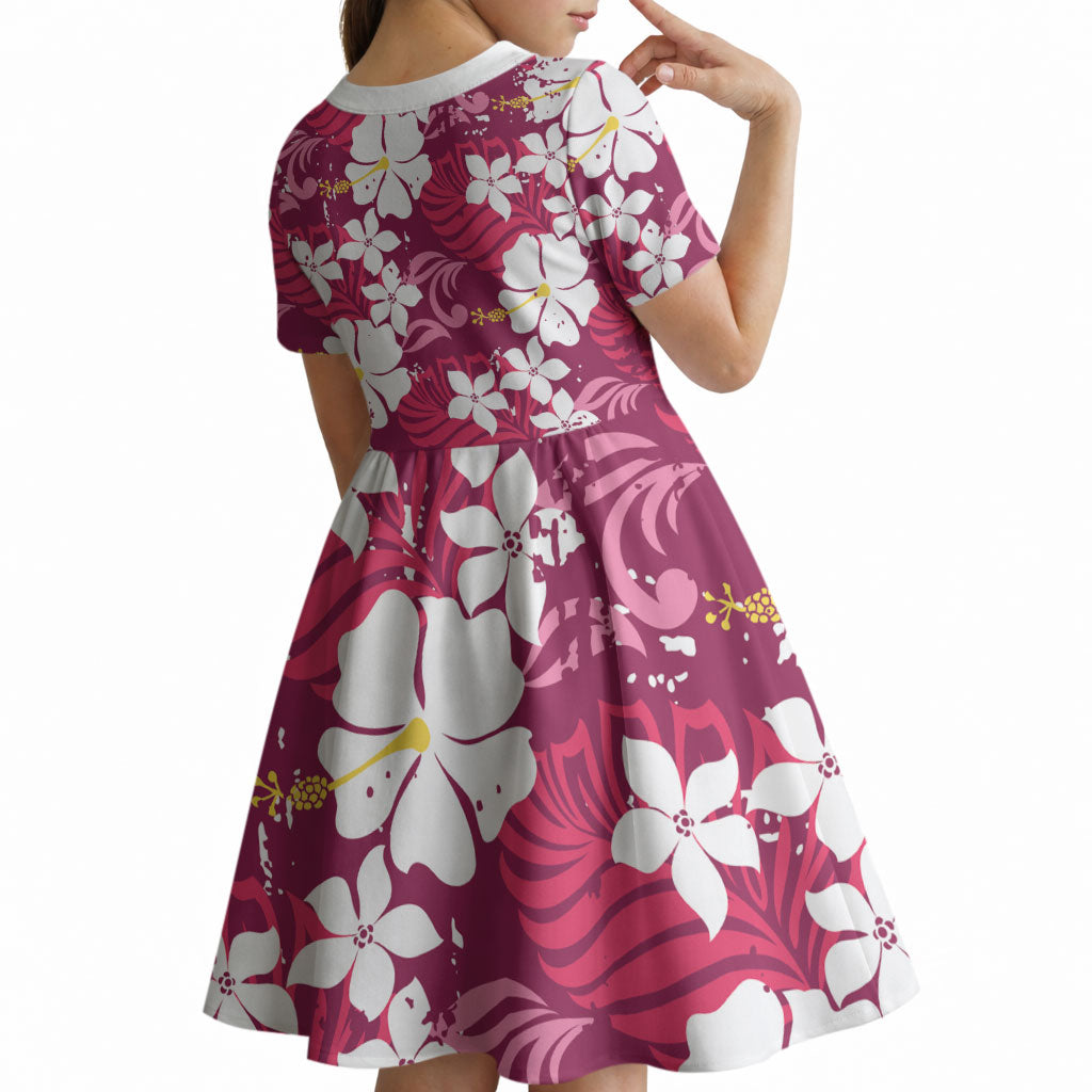 Pink Hawaiian Hibiscus Monstera Kid Short Sleeve Dress Grunge Stylized LT01 - Polynesian Pride
