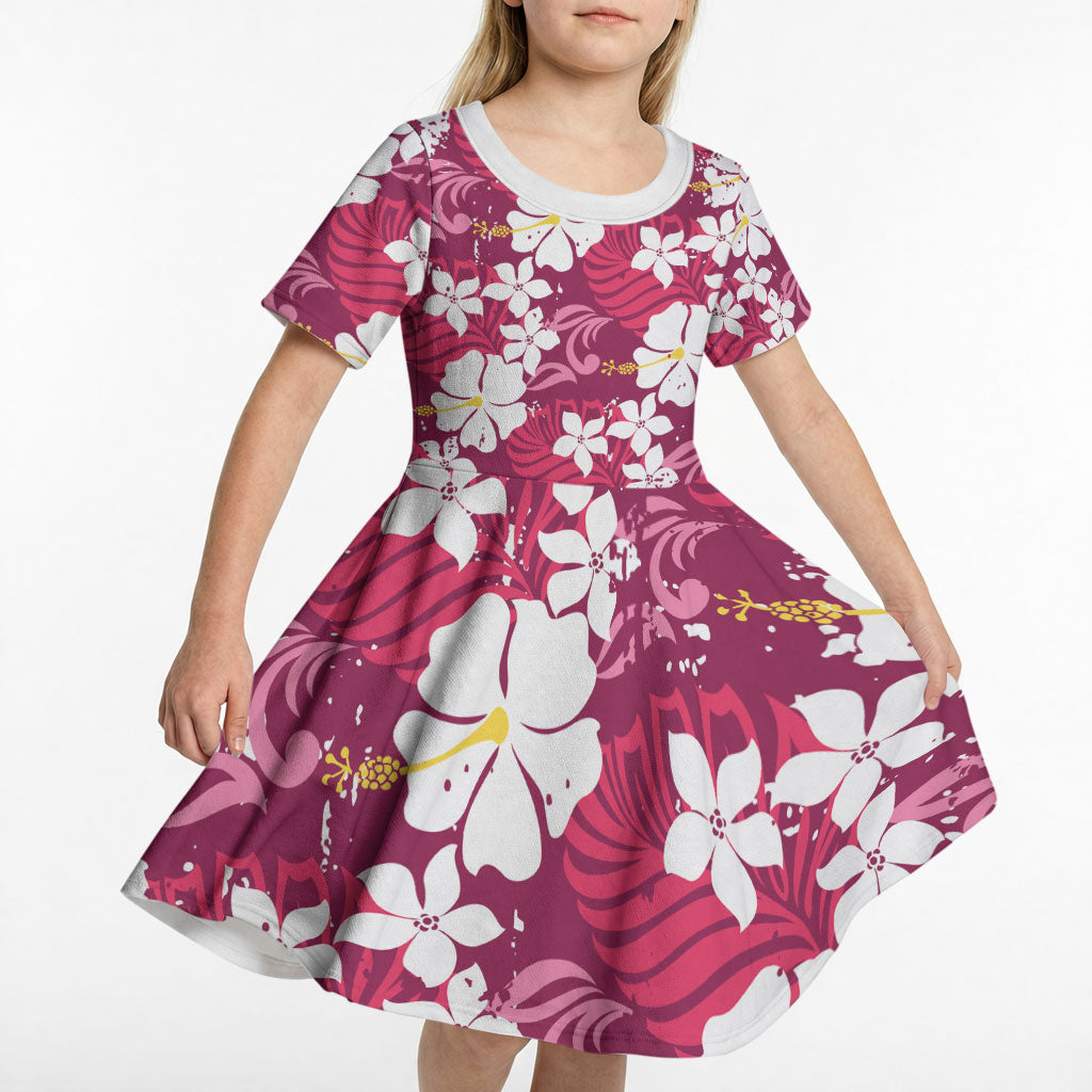 Pink Hawaiian Hibiscus Monstera Kid Short Sleeve Dress Grunge Stylized LT01 - Polynesian Pride