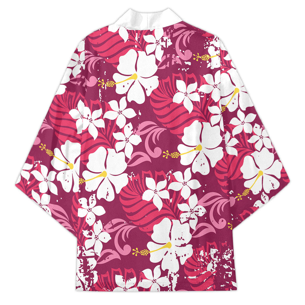 Pink Hawaiian Hibiscus Monstera Kimono Grunge Stylized