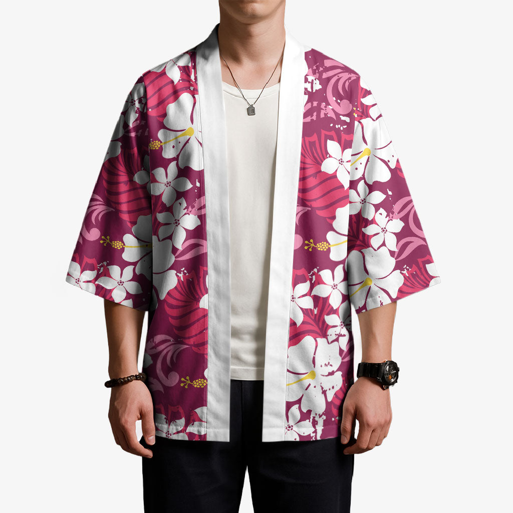 Pink Hawaiian Hibiscus Monstera Kimono Grunge Stylized