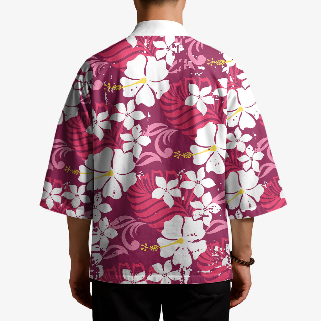 Pink Hawaiian Hibiscus Monstera Kimono Grunge Stylized