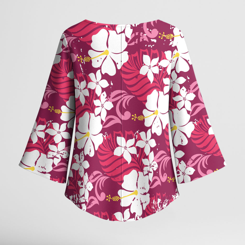 Pink Hawaiian Hibiscus Monstera Kimono Sleeve Blouse Grunge Stylized LT01 - Polynesian Pride