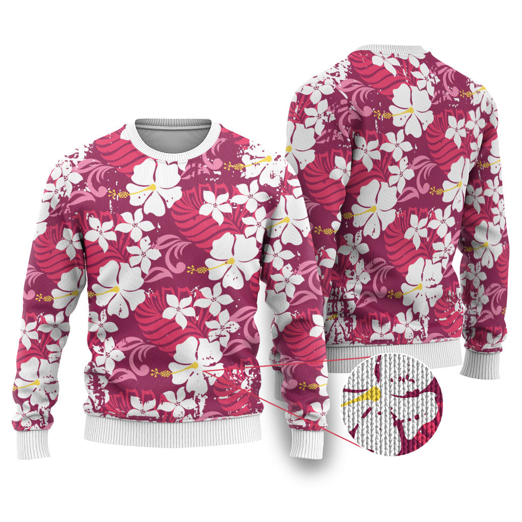 Pink Hawaiian Hibiscus Monstera Ugly Christmas Sweater Grunge Stylized