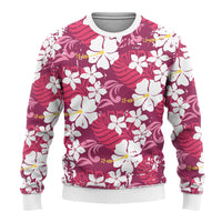 Pink Hawaiian Hibiscus Monstera Ugly Christmas Sweater Grunge Stylized