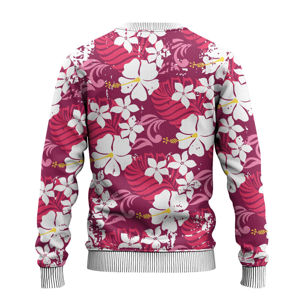 Pink Hawaiian Hibiscus Monstera Ugly Christmas Sweater Grunge Stylized