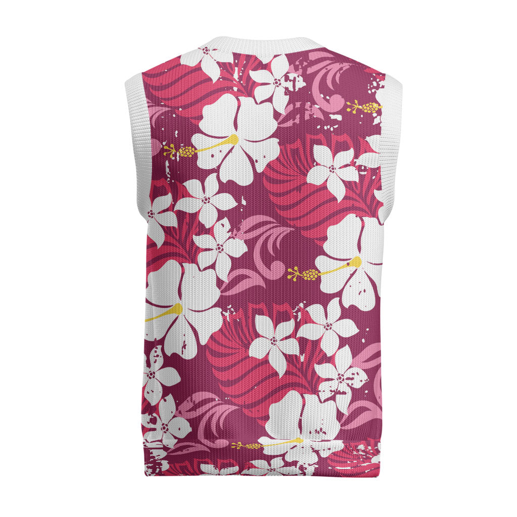 Pink Hawaiian Hibiscus Monstera Christmas Knitted V-Neck Vest Grunge Stylized