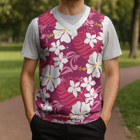 Pink Hawaiian Hibiscus Monstera Christmas Knitted V-Neck Vest Grunge Stylized