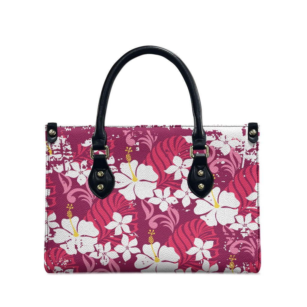 Pink Hawaiian Hibiscus Monstera Leather Bag Grunge Stylized