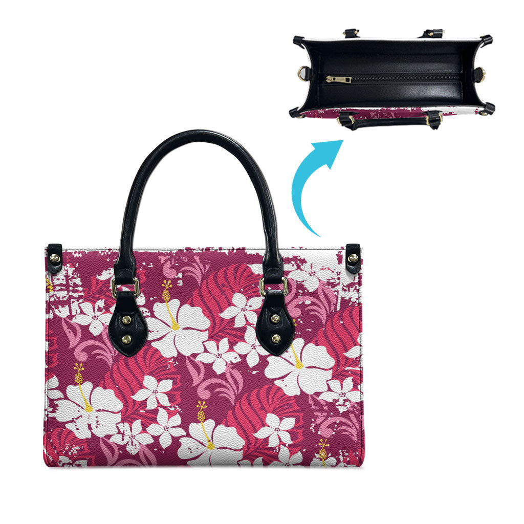 Pink Hawaiian Hibiscus Monstera Leather Bag Grunge Stylized
