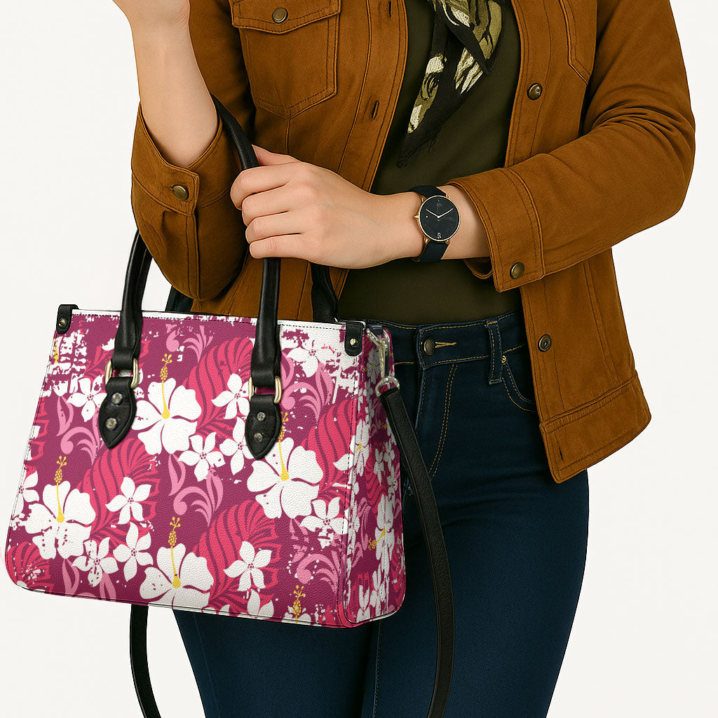 Pink Hawaiian Hibiscus Monstera Leather Bag Grunge Stylized