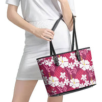Pink Hawaiian Hibiscus Monstera Leather Tote Bag Grunge Stylized LT01 - Polynesian Pride