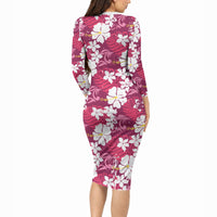Pink Hawaiian Hibiscus Monstera Long Sleeve Bodycon Dress Grunge Stylized LT01 - Polynesian Pride