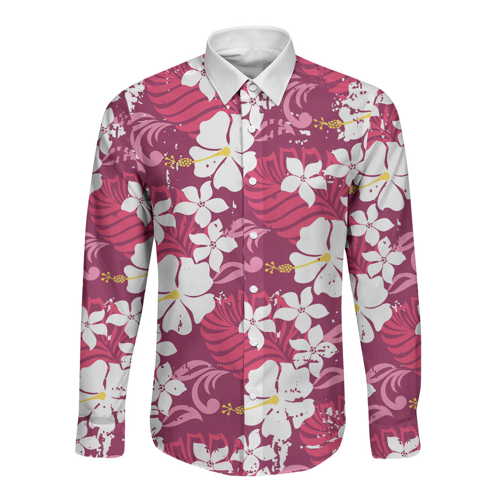 Pink Hawaiian Hibiscus Monstera Long Sleeve Button Shirt Grunge Stylized LT01 Unisex Pink - Polynesian Pride