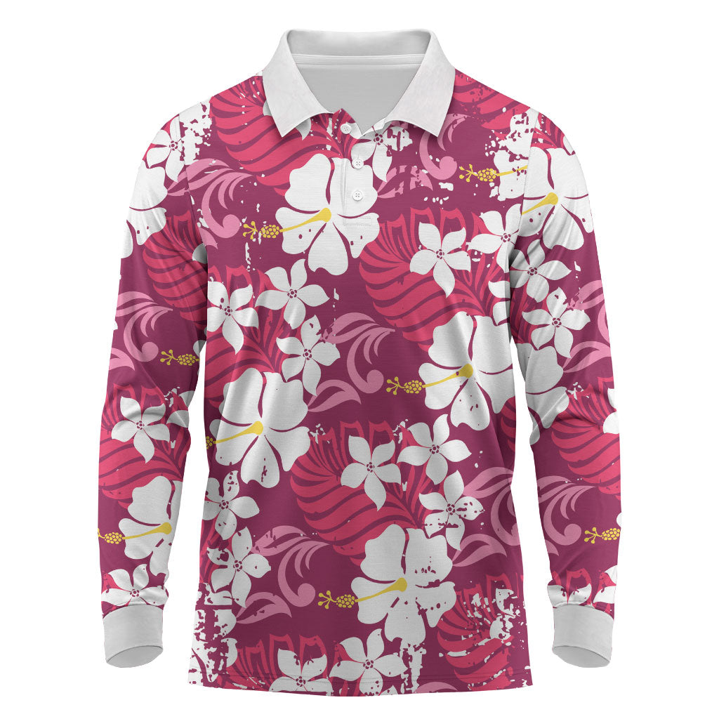 Pink Hawaiian Hibiscus Monstera Long Sleeve Polo Shirt Grunge Stylized LT01 Pink - Polynesian Pride