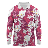 Pink Hawaiian Hibiscus Monstera Long Sleeve Polo Shirt Grunge Stylized LT01 Pink - Polynesian Pride