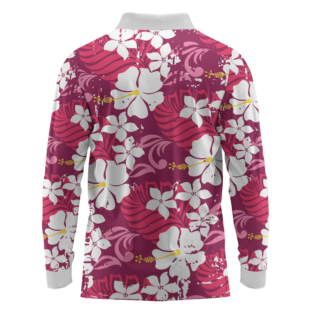 Pink Hawaiian Hibiscus Monstera Long Sleeve Polo Shirt Grunge Stylized LT01 - Polynesian Pride