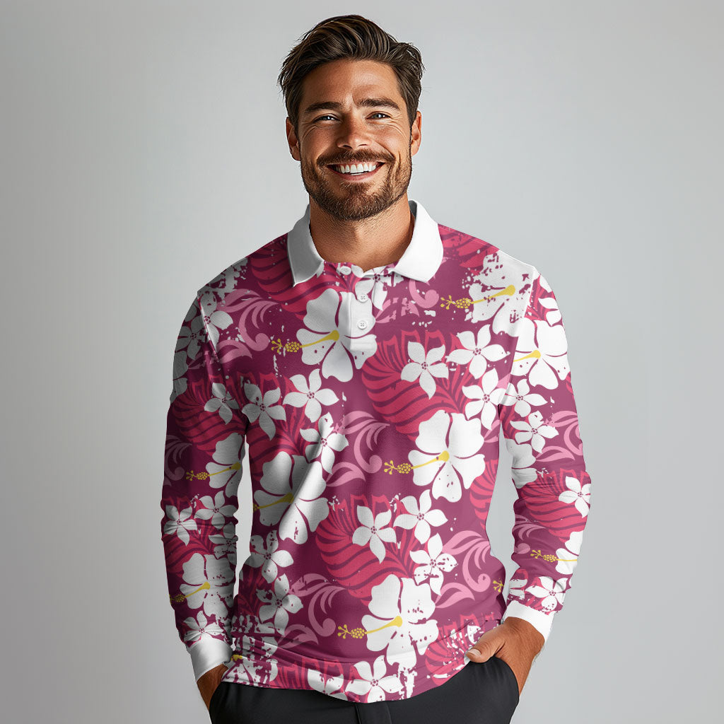 Pink Hawaiian Hibiscus Monstera Long Sleeve Polo Shirt Grunge Stylized LT01 - Polynesian Pride
