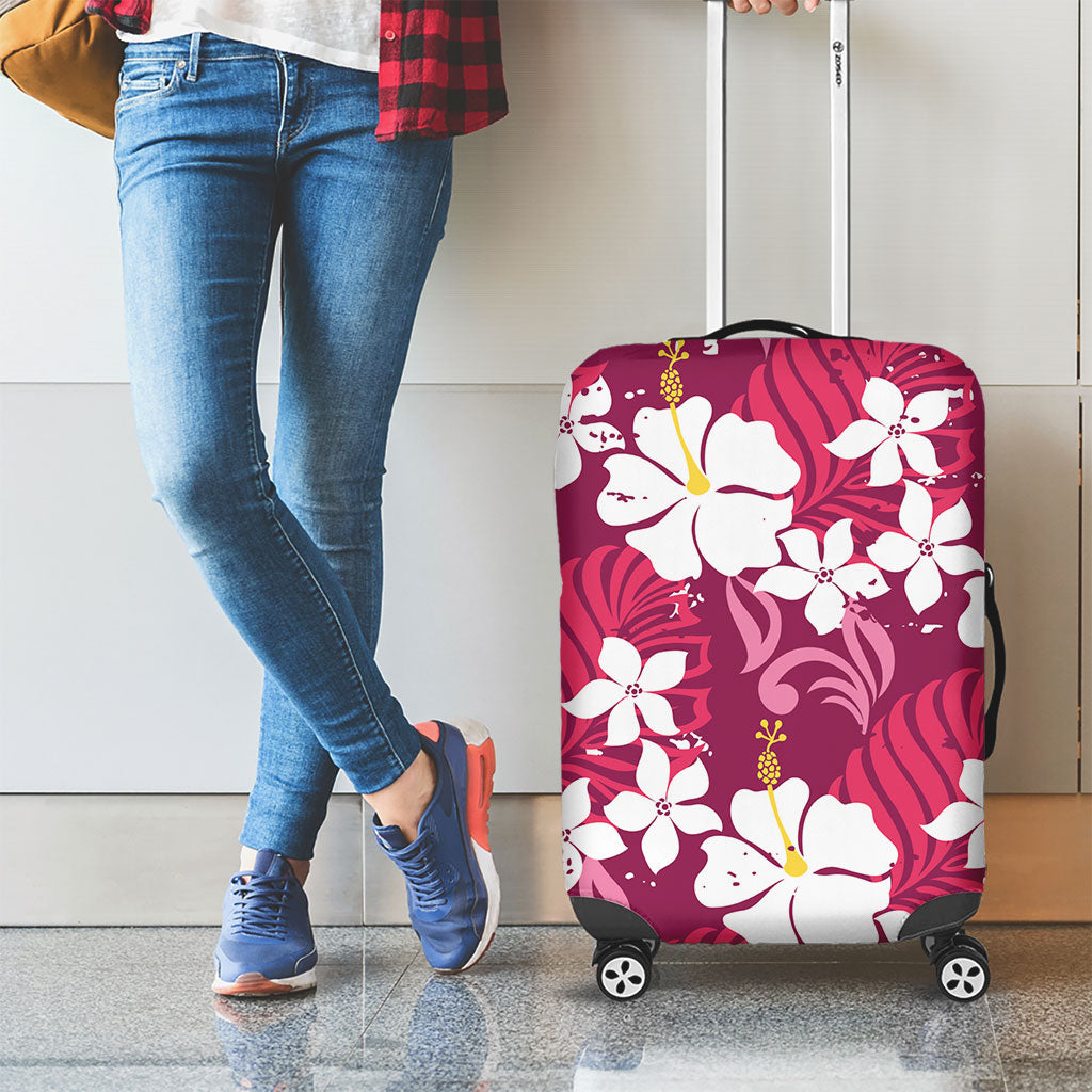 Pink Hawaiian Hibiscus Monstera Luggage Cover Grunge Stylized LT01 - Polynesian Pride