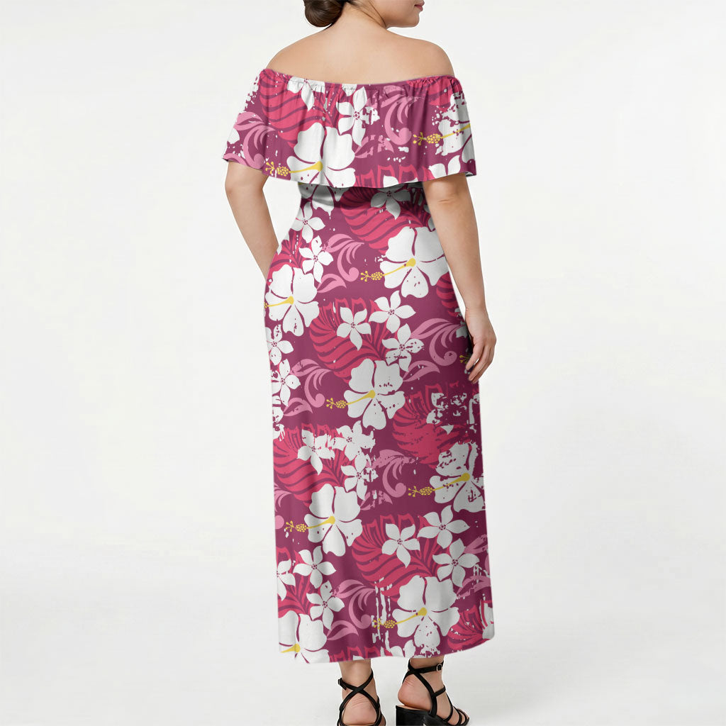 Pink Hawaiian Hibiscus Monstera Off Shoulder Maxi Dress Grunge Stylized LT01 - Polynesian Pride