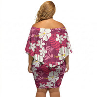 Pink Hawaiian Hibiscus Monstera Off Shoulder Short Dress Grunge Stylized LT01 - Polynesian Pride