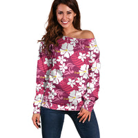 Pink Hawaiian Hibiscus Monstera Off Shoulder Sweater Grunge Stylized LT01 Women Pink - Polynesian Pride