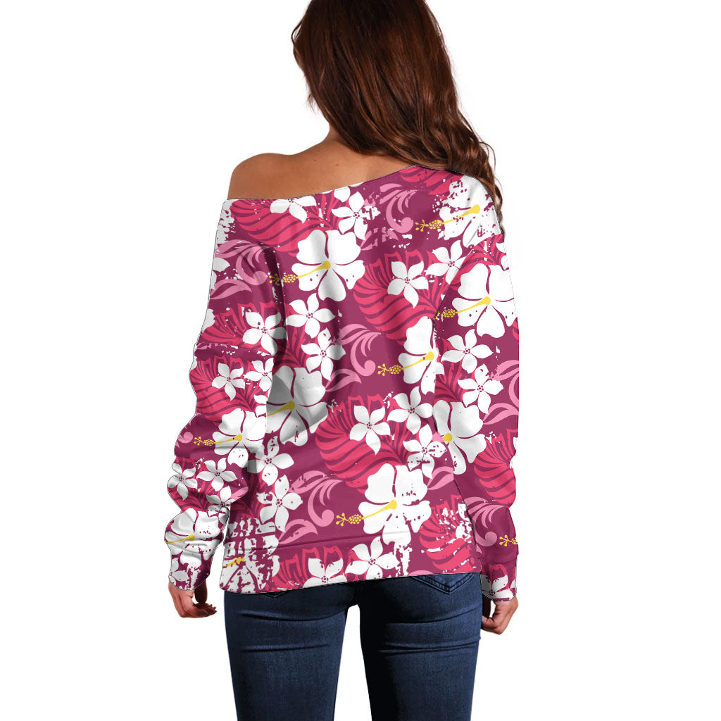 Pink Hawaiian Hibiscus Monstera Off Shoulder Sweater Grunge Stylized LT01 - Polynesian Pride