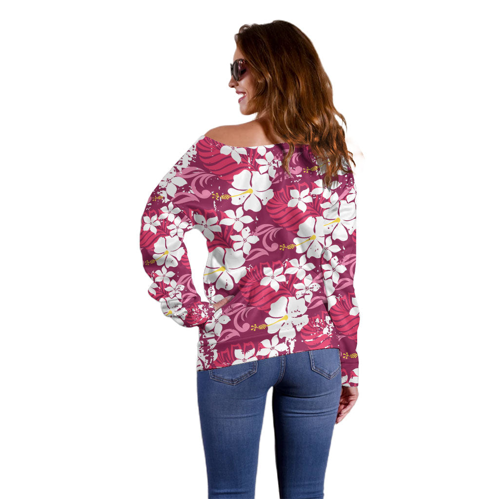 Pink Hawaiian Hibiscus Monstera Off Shoulder Sweater Grunge Stylized LT01 - Polynesian Pride