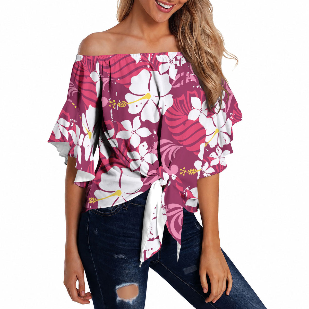 Pink Hawaiian Hibiscus Monstera Off Shoulder Wrap Waist Top Grunge Stylized LT01 Pink - Polynesian Pride